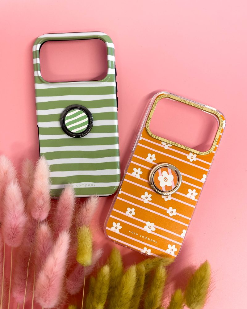 Pomarańczowe etui premium w kwiatki, ze złotą ramką aparatu i uchwytem ring